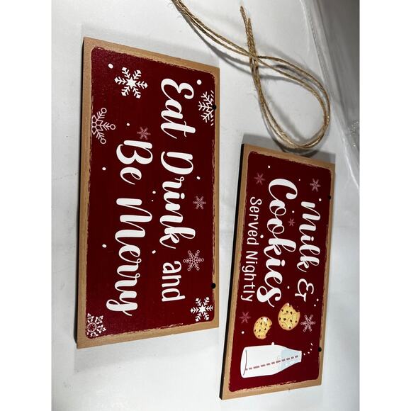 Christmas Decor Wooden Signs Set of 2 Cookies Milk Served Nighty Eat Drink Merry - Picture 5 of 9